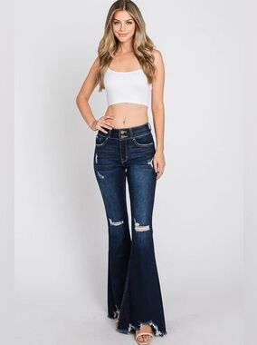 G22 Retro Rocker High-Waist Dark Blue Flare Bellbottom Jeans Distressed 5 26